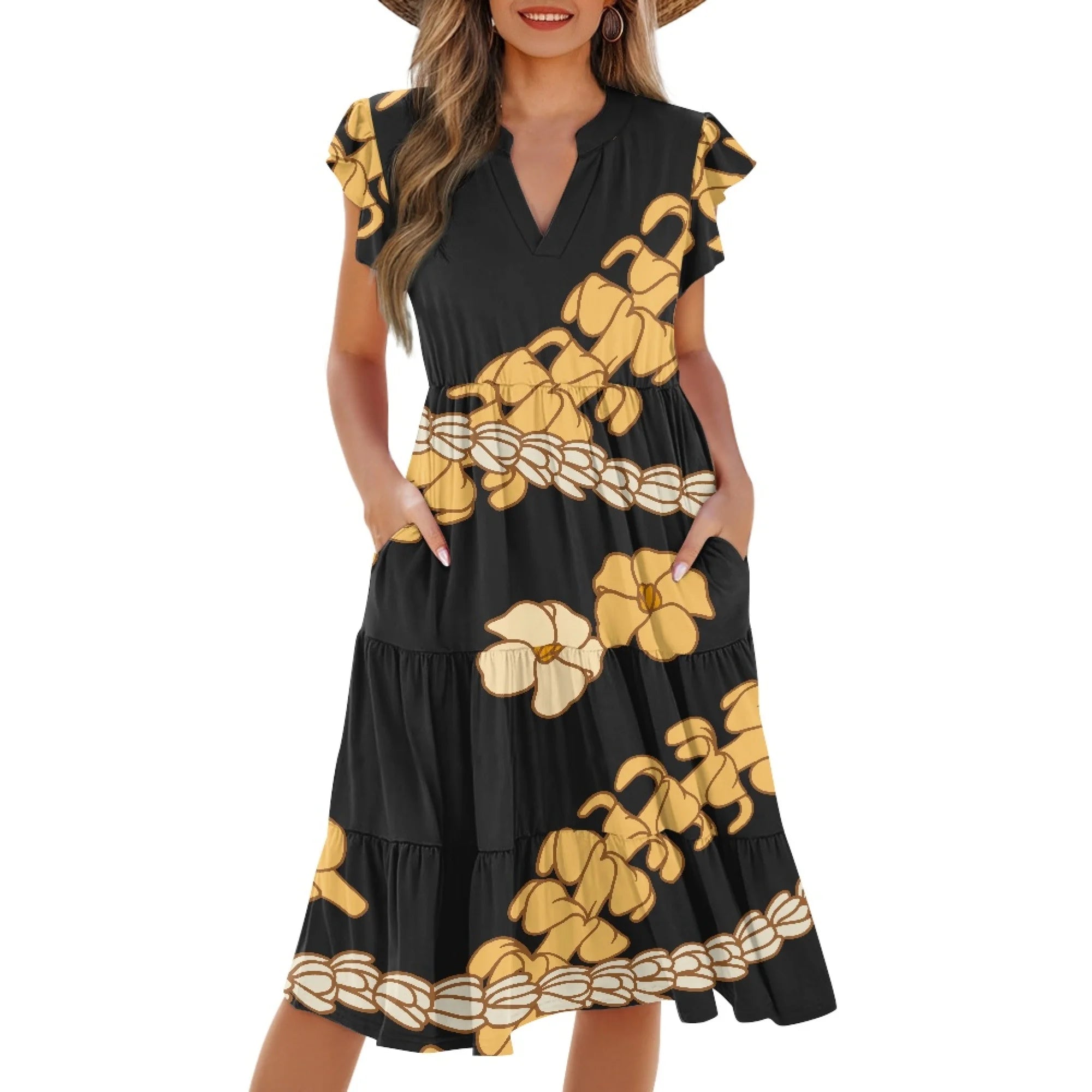 Print on Demand Wholesale Hawaii Beautiful Women's Plus Size Wrap v Neck Short Sleeve Ruffle Hem a Line Short Dress with Pockets