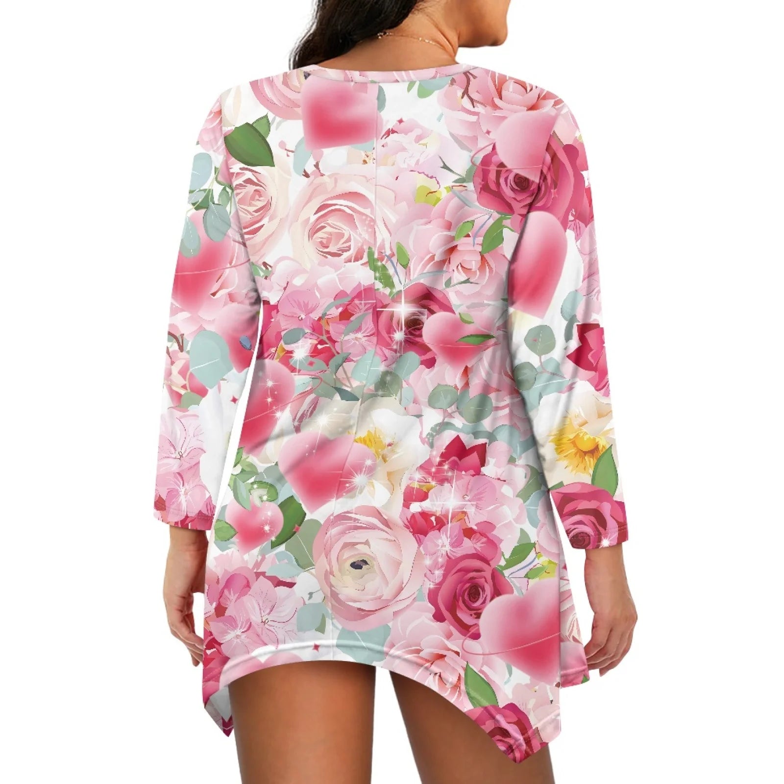 Hawaiian Floral Printed Plus Size Tunic Women's 3/4 Sleeve Tops and Blouses V Neck Shirts Loose Basic Tee Irregular Shirt Dress