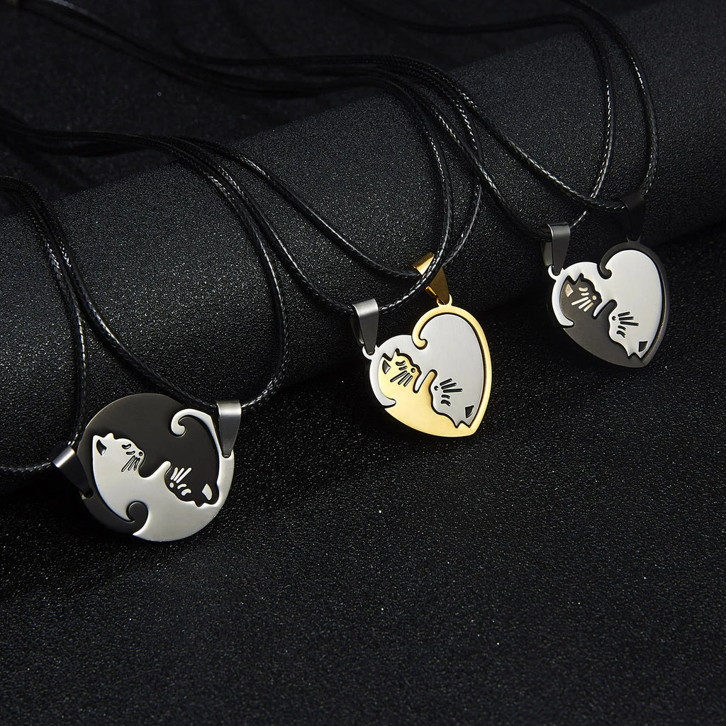 Fashionable Couple Necklaces Stainless Steel Black White Cat Good Luck Heart Pendant Necklace for Best Friends Gift Jewelry