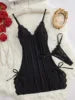 Sexy Lace Sleepwear Two Pieces Set Dress and Thong Lingerie Set Lace up Sexy Night Underwear