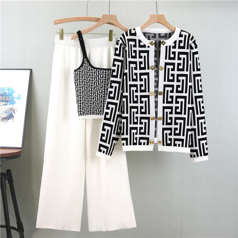 New 2026 European Autumn Chic Solid Loose Design Knit Sweater +Vest+ Pants Women's 3 Pieces Sets Clothing