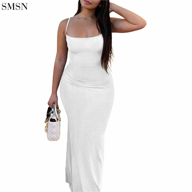 Wholesale 2023 Summer Suspenders Thread Solid Color Sexy Long Dress Women Wrap Sheath Bodycon Casual Dresses