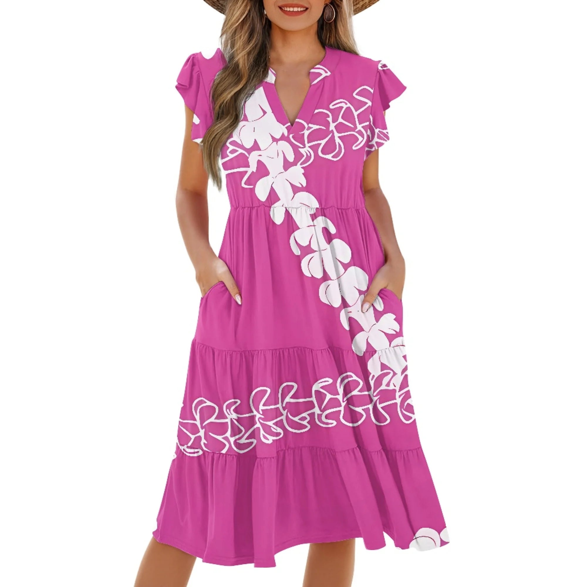 Print on Demand Wholesale Hawaii Beautiful Women's Plus Size Wrap v Neck Short Sleeve Ruffle Hem a Line Short Dress with Pockets