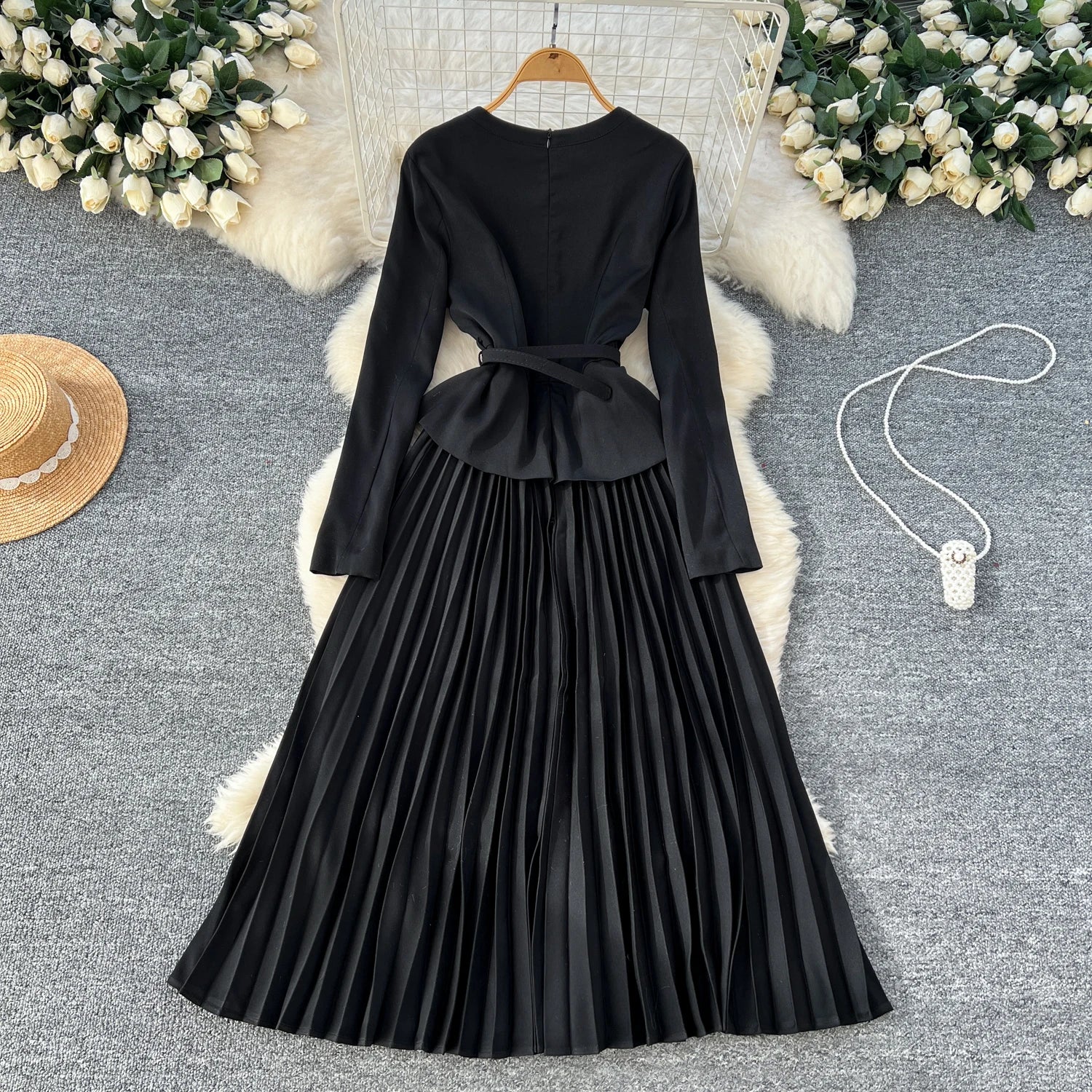 Spring Vintage O-Neck Tunic Slim Pleated Midi Dress For Women Empire Patchwork Lace Dress