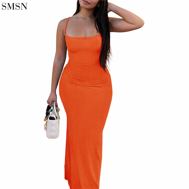 Wholesale 2023 Summer Suspenders Thread Solid Color Sexy Long Dress Women Wrap Sheath Bodycon Casual Dresses