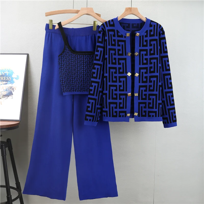 New 2026 European Autumn Chic Solid Loose Design Knit Sweater +Vest+ Pants Women's 3 Pieces Sets Clothing