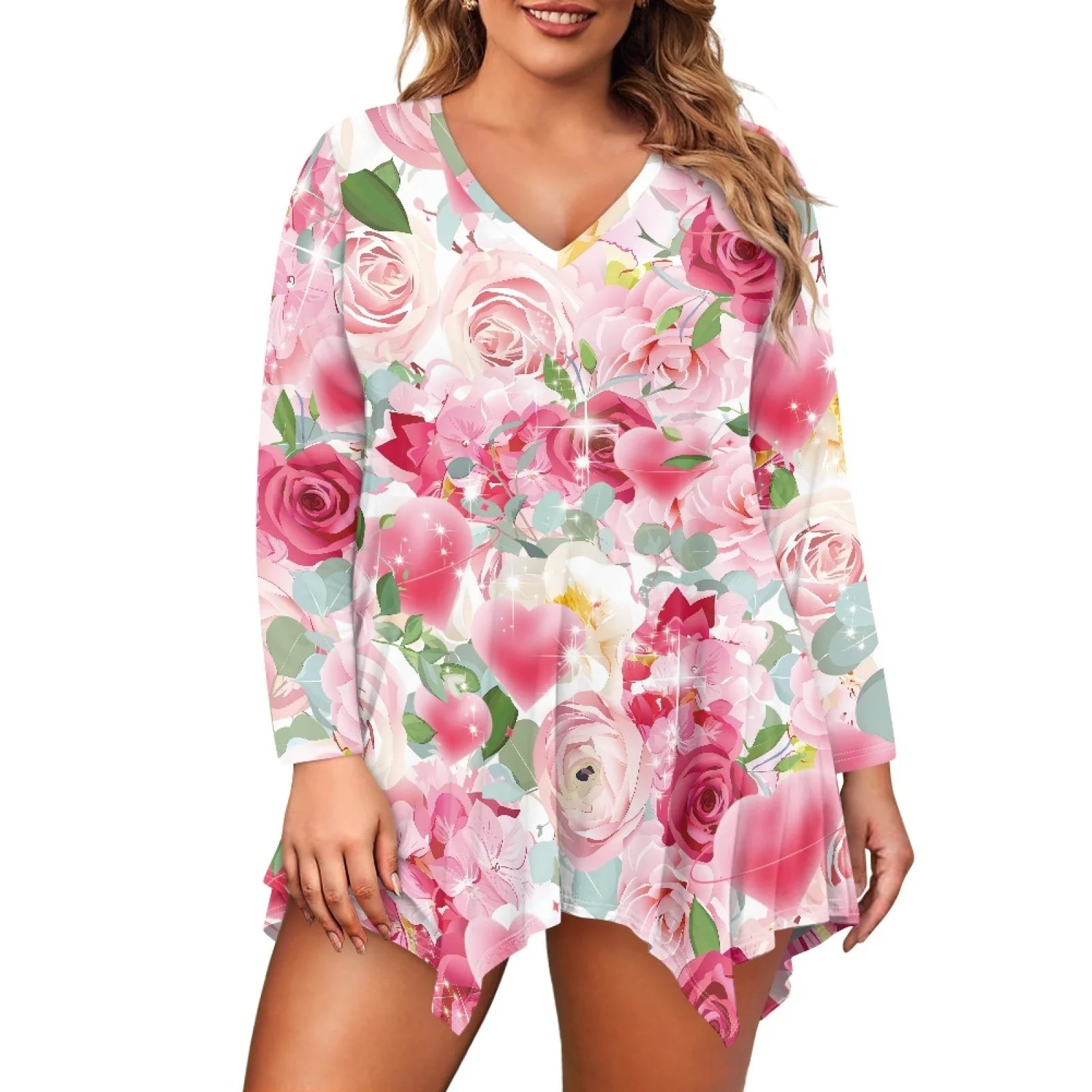 Hawaiian Floral Printed Plus Size Tunic Women's 3/4 Sleeve Tops and Blouses V Neck Shirts Loose Basic Tee Irregular Shirt Dress