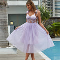 D&M Latest Design Solid Color France Romantic Grace Midi Dresses Woman Blue Sleeveless Tie Shoulder Bustier Contrast Mesh Dress