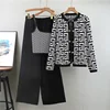 New 2026 European Autumn Chic Solid Loose Design Knit Sweater +Vest+ Pants Women's 3 Pieces Sets Clothing
