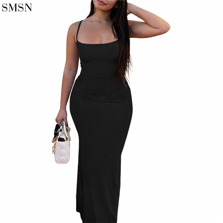 Wholesale 2023 Summer Suspenders Thread Solid Color Sexy Long Dress Women Wrap Sheath Bodycon Casual Dresses
