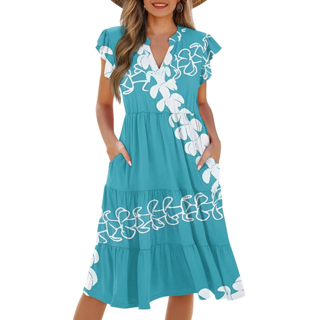 Print on Demand Wholesale Hawaii Beautiful Women's Plus Size Wrap v Neck Short Sleeve Ruffle Hem a Line Short Dress with Pockets