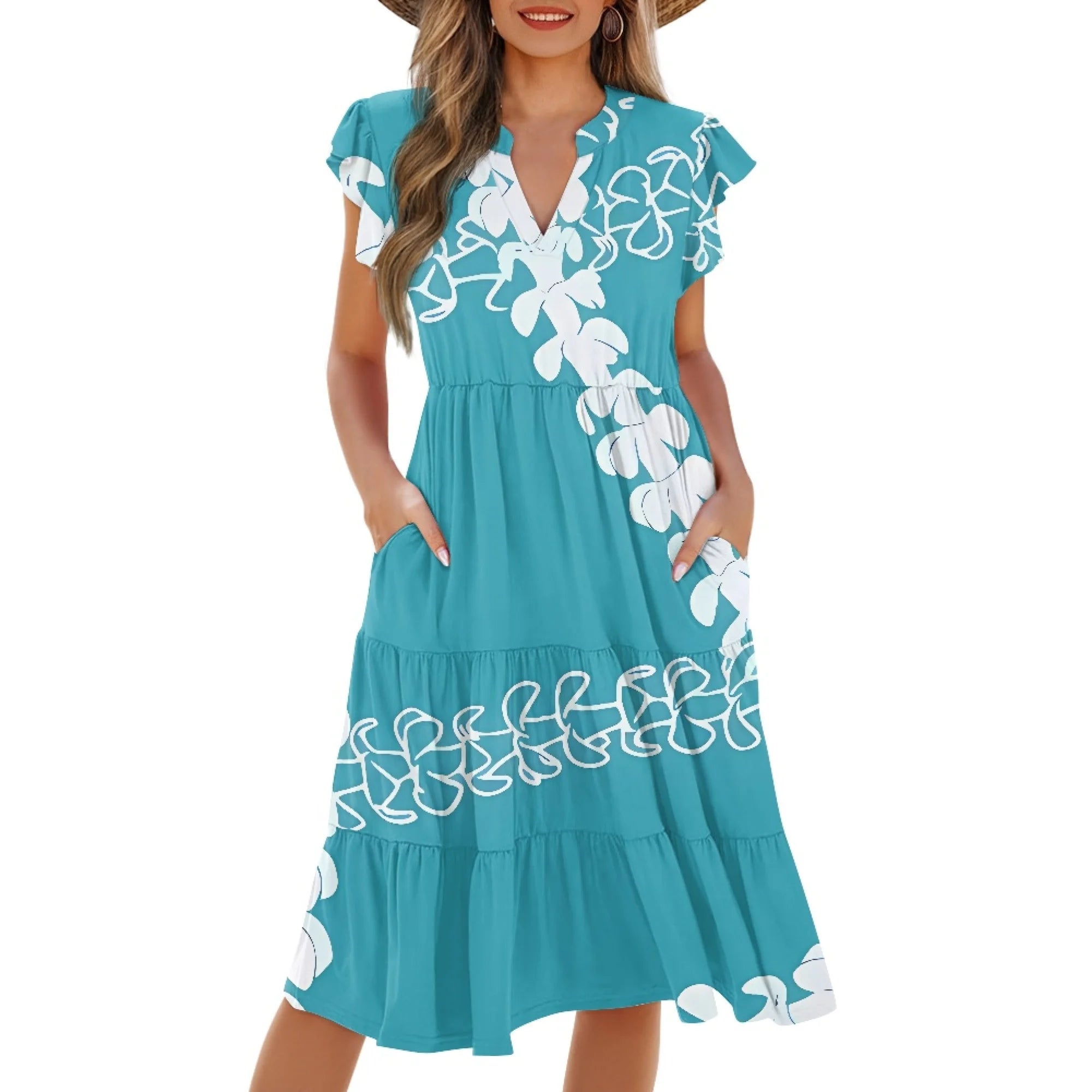 Print on Demand Wholesale Hawaii Beautiful Women's Plus Size Wrap v Neck Short Sleeve Ruffle Hem a Line Short Dress with Pockets