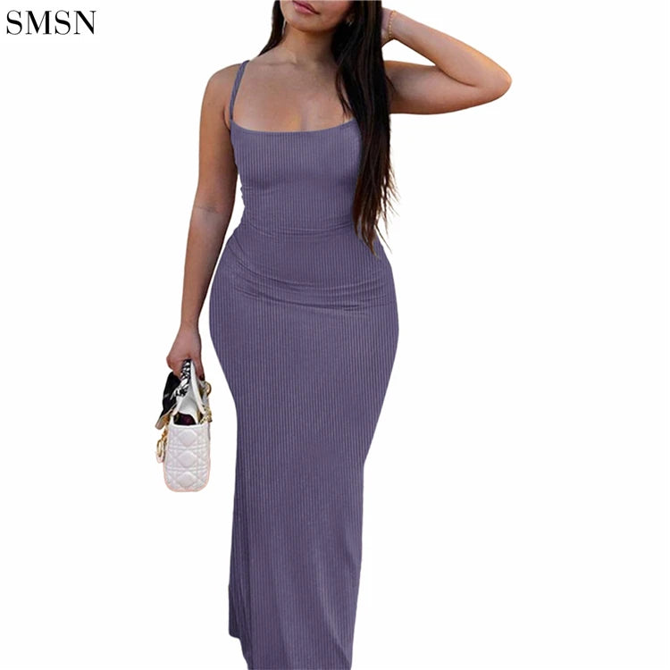 Wholesale 2023 Summer Suspenders Thread Solid Color Sexy Long Dress Women Wrap Sheath Bodycon Casual Dresses