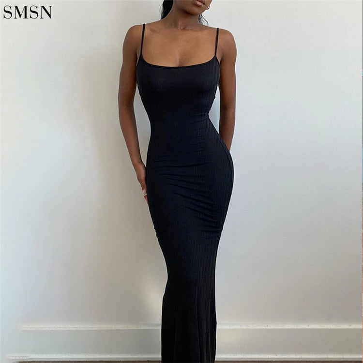 Wholesale 2023 Summer Suspenders Thread Solid Color Sexy Long Dress Women Wrap Sheath Bodycon Casual Dresses