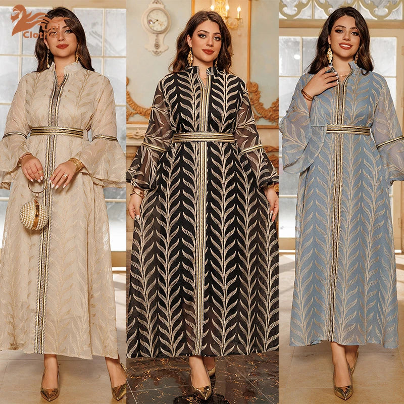 Dubai Abaya Luxury for Muslim Women Elegant Embroidery Dress Women Wedding Fashion Clothing 2024 Long Sleeve Belted Arab Robe