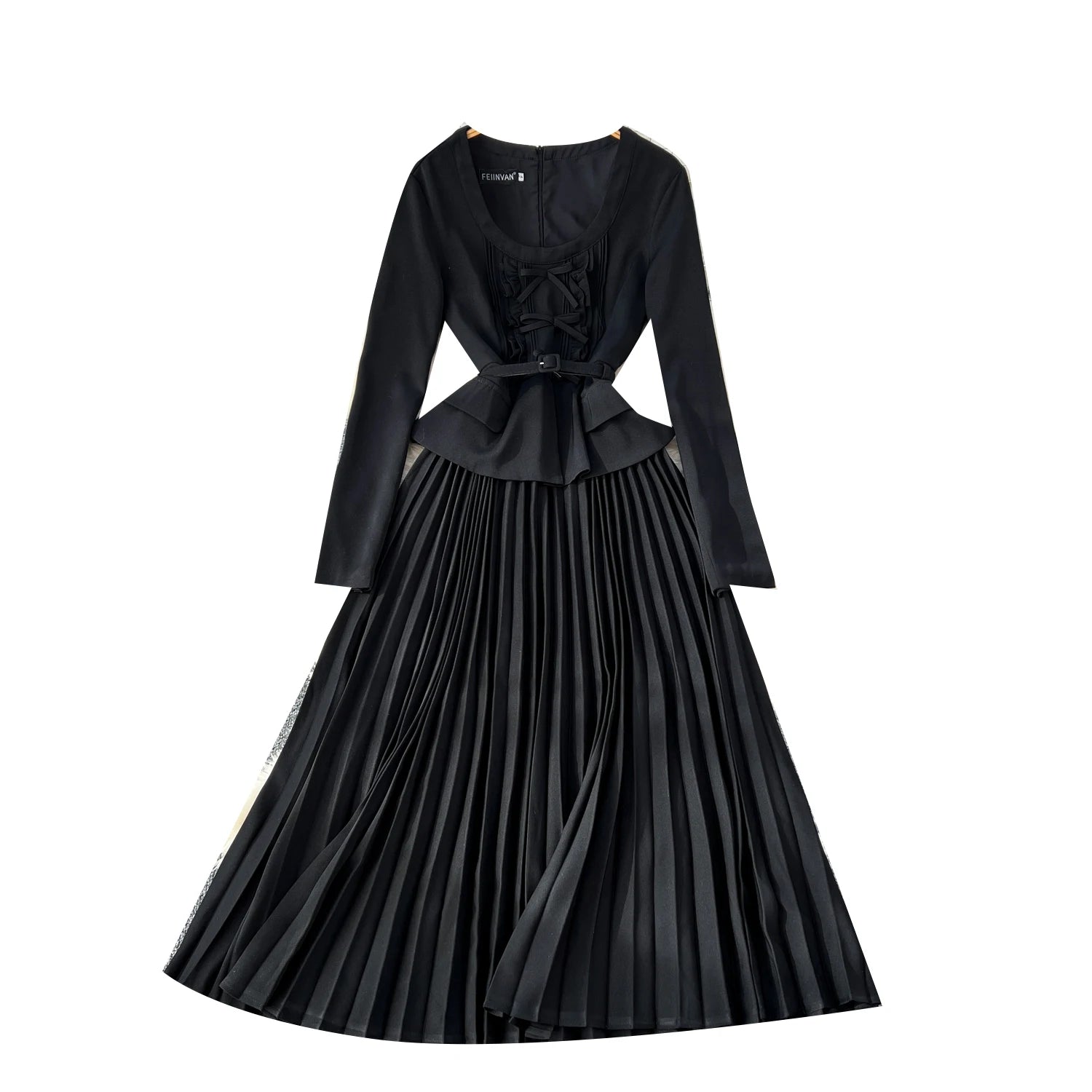 Spring Vintage O-Neck Tunic Slim Pleated Midi Dress For Women Empire Patchwork Lace Dress