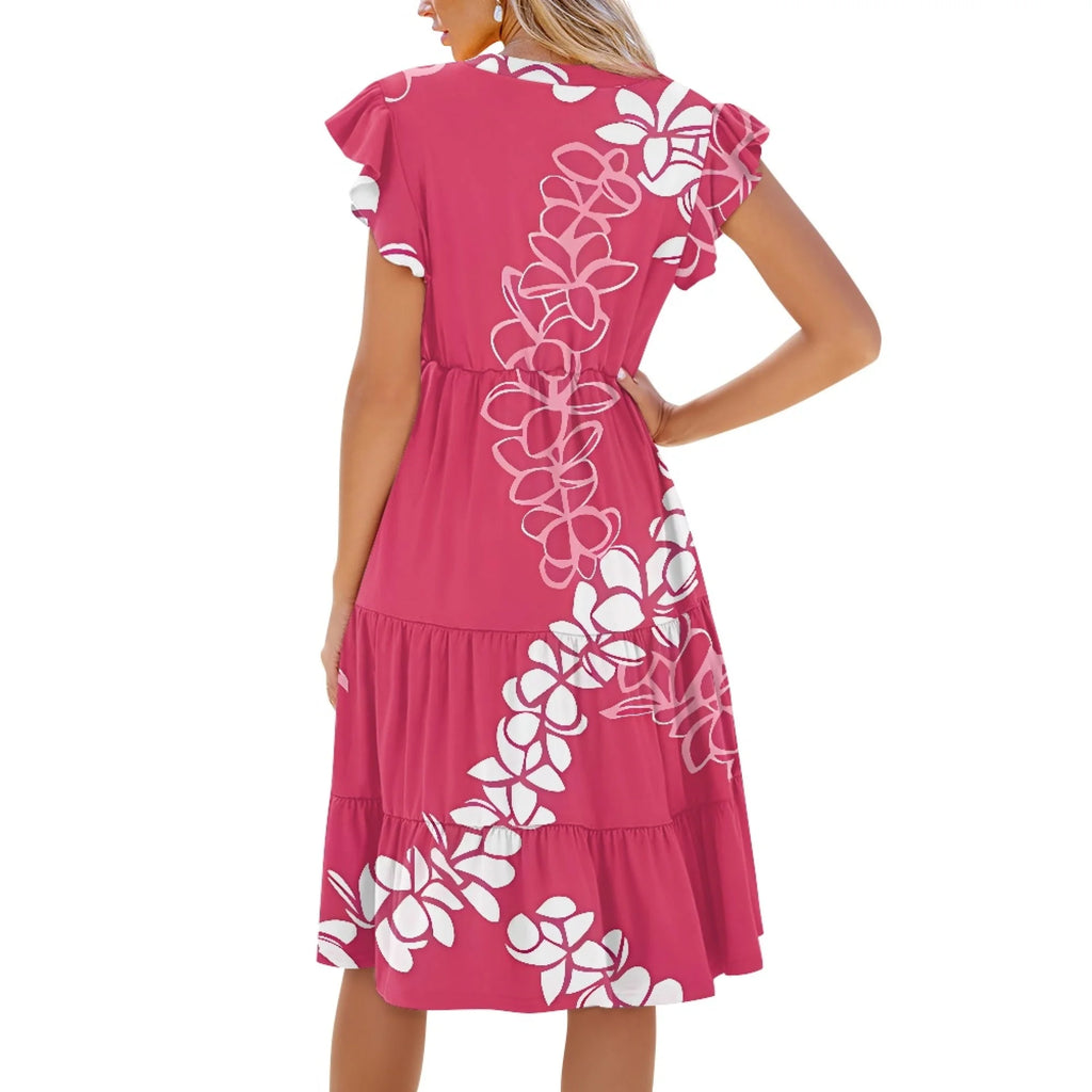Print on Demand Wholesale Hawaii Beautiful Women's Plus Size Wrap v Neck Short Sleeve Ruffle Hem a Line Short Dress with Pockets