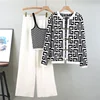 New 2026 European Autumn Chic Solid Loose Design Knit Sweater +Vest+ Pants Women's 3 Pieces Sets Clothing