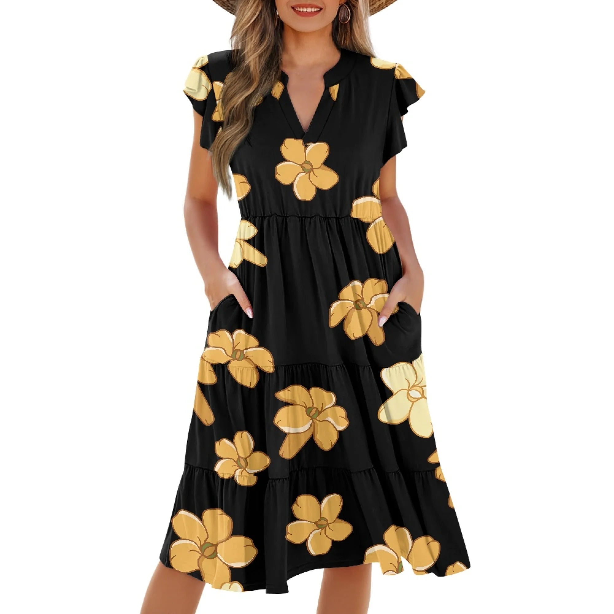 Print on Demand Wholesale Hawaii Beautiful Women's Plus Size Wrap v Neck Short Sleeve Ruffle Hem a Line Short Dress with Pockets