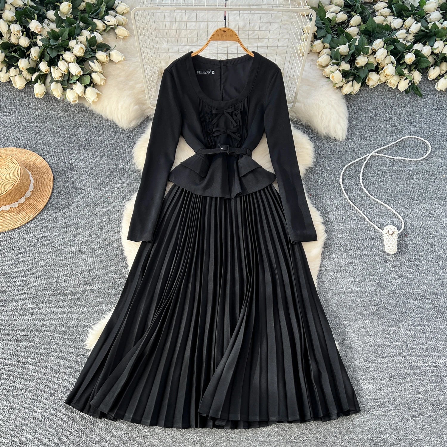 Spring Vintage O-Neck Tunic Slim Pleated Midi Dress For Women Empire Patchwork Lace Dress
