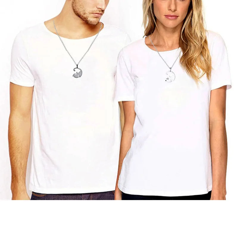Fashionable Couple Necklaces Stainless Steel Black White Cat Good Luck Heart Pendant Necklace for Best Friends Gift Jewelry