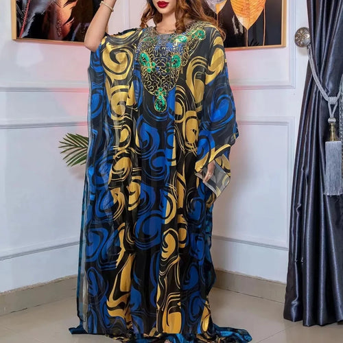 2023 Luxury Plus Size Blue African Sequins Maxi Dress for Women Elegant Lady Wedding Evening Party Dresses Muslim Kaftan Robe