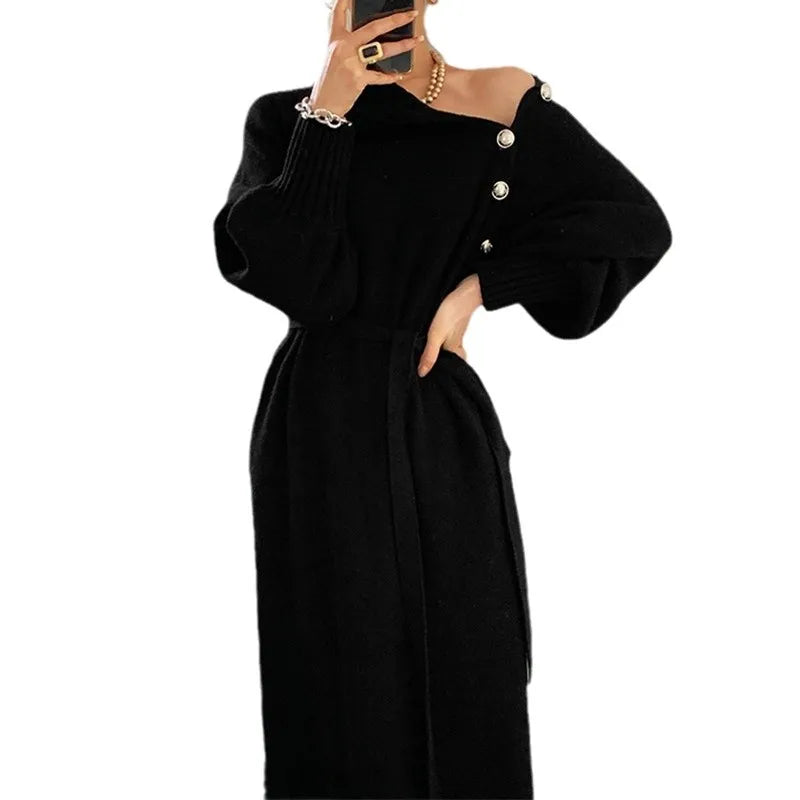 French Style Autumn Winter New Simple Solid Color Women's Elegant Anti-Wrinkle 100% Polyester Sweater Dress Clothing Elastic