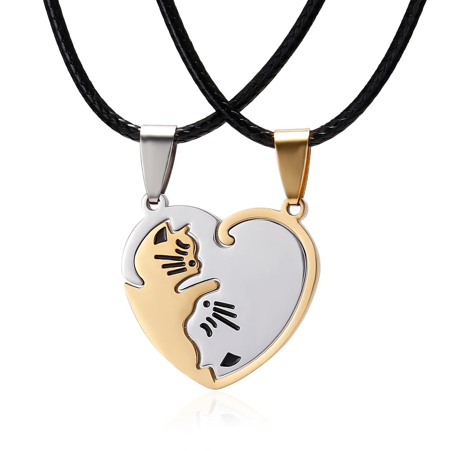 Fashionable Couple Necklaces Stainless Steel Black White Cat Good Luck Heart Pendant Necklace for Best Friends Gift Jewelry