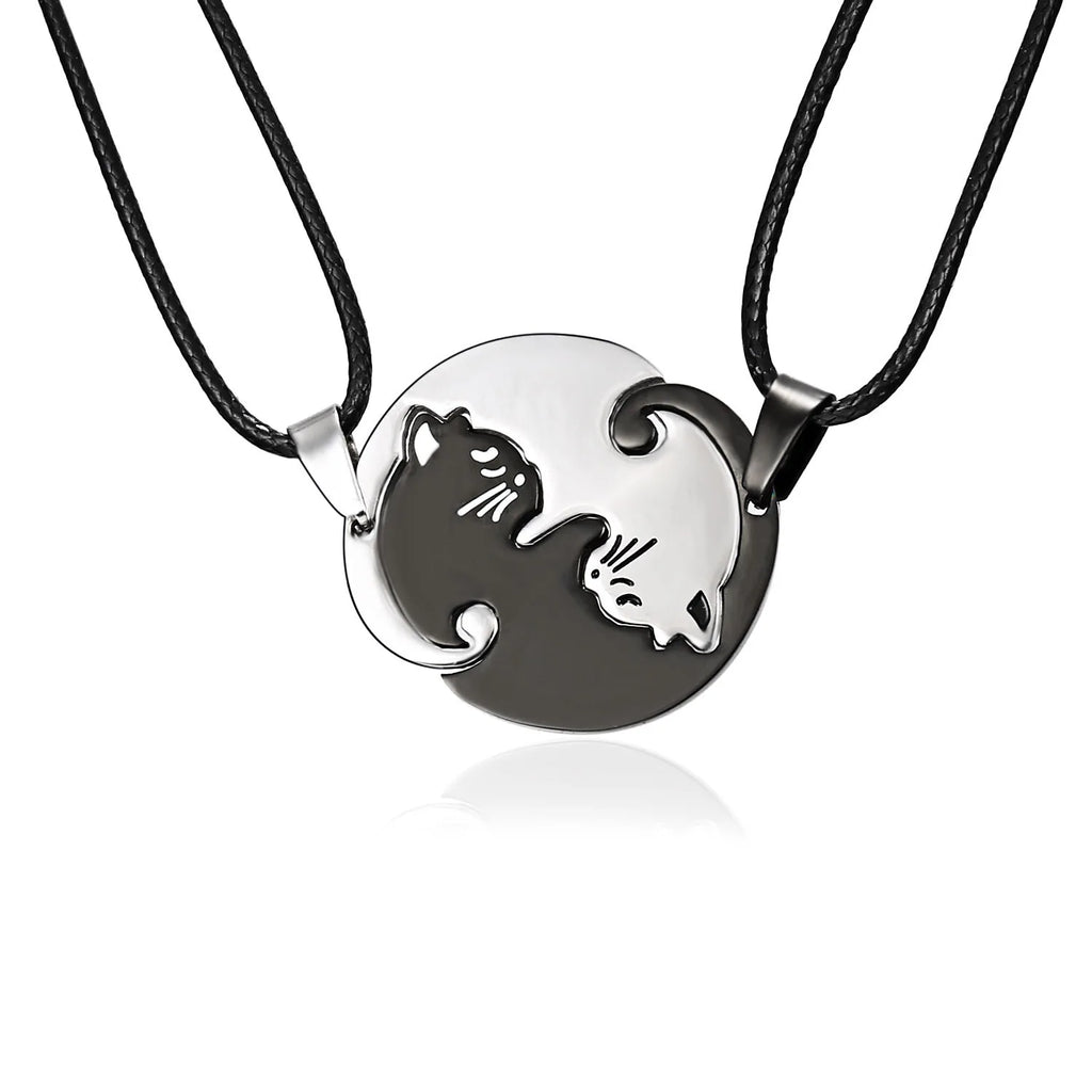 Fashionable Couple Necklaces Stainless Steel Black White Cat Good Luck Heart Pendant Necklace for Best Friends Gift Jewelry