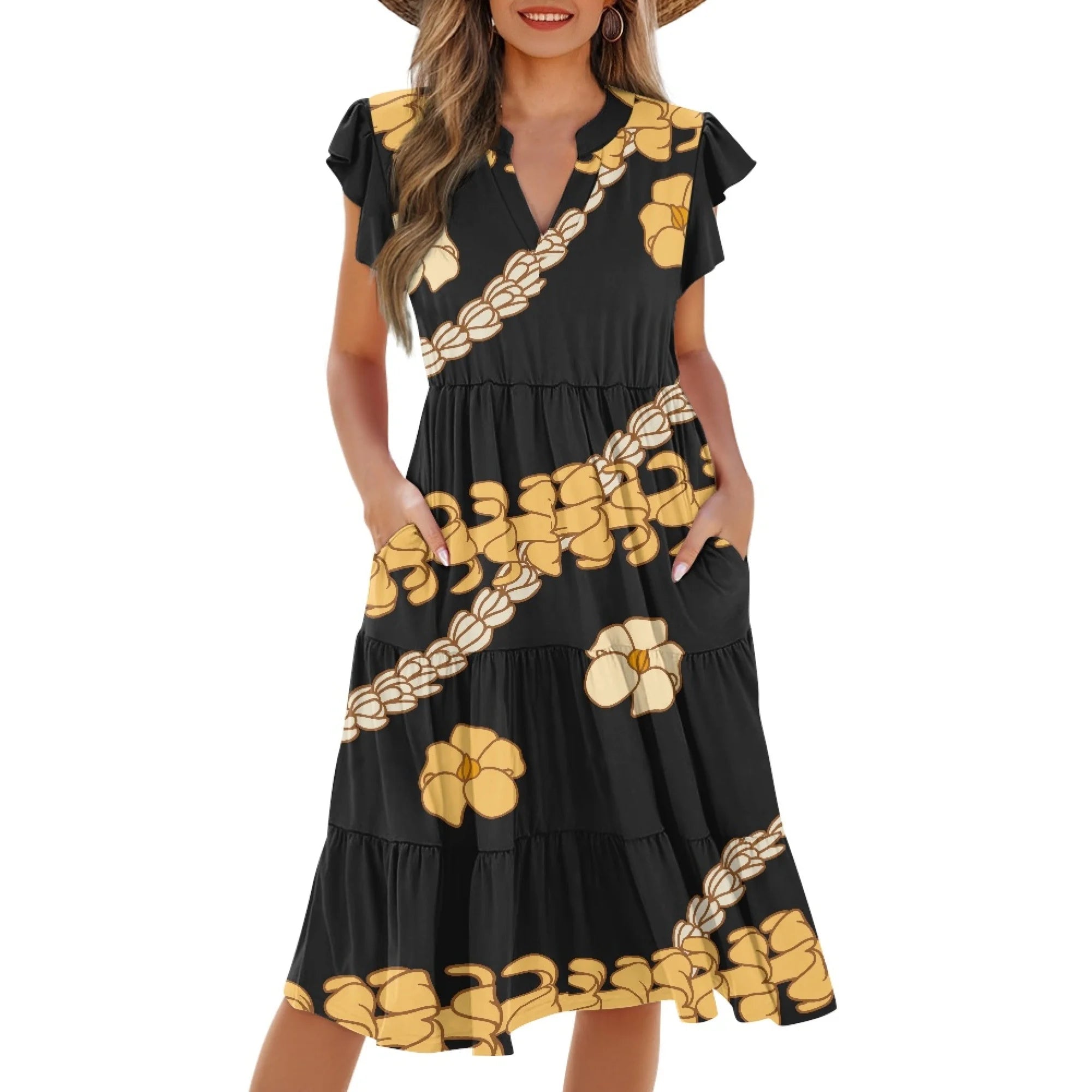 Print on Demand Wholesale Hawaii Beautiful Women's Plus Size Wrap v Neck Short Sleeve Ruffle Hem a Line Short Dress with Pockets