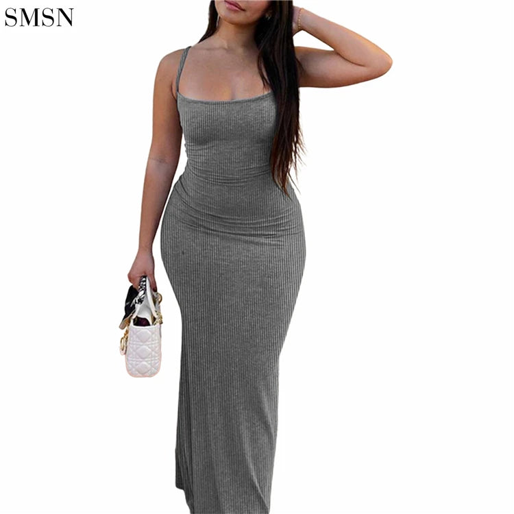 Wholesale 2023 Summer Suspenders Thread Solid Color Sexy Long Dress Women Wrap Sheath Bodycon Casual Dresses