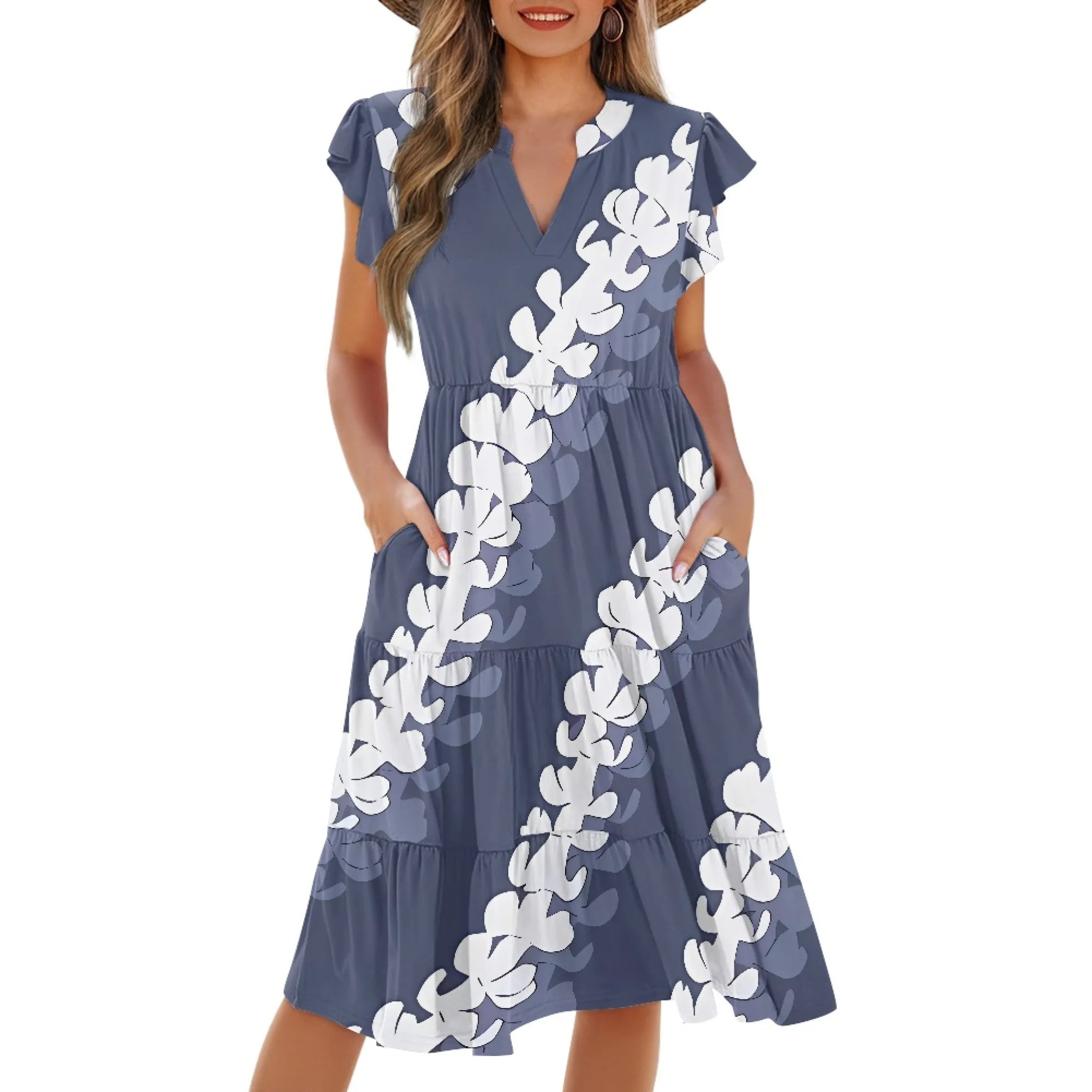 Print on Demand Wholesale Hawaii Beautiful Women's Plus Size Wrap v Neck Short Sleeve Ruffle Hem a Line Short Dress with Pockets