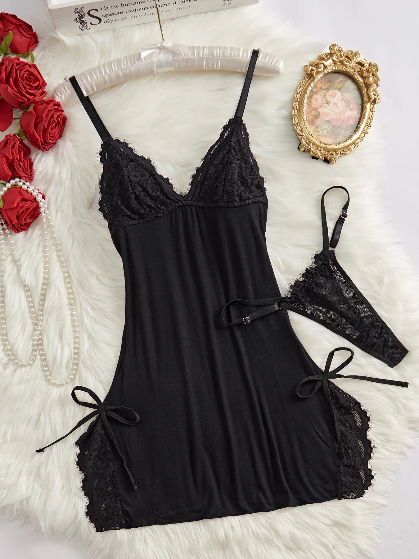 Sexy Lace Sleepwear Two Pieces Set Dress and Thong Lingerie Set Lace up Sexy Night Underwear
