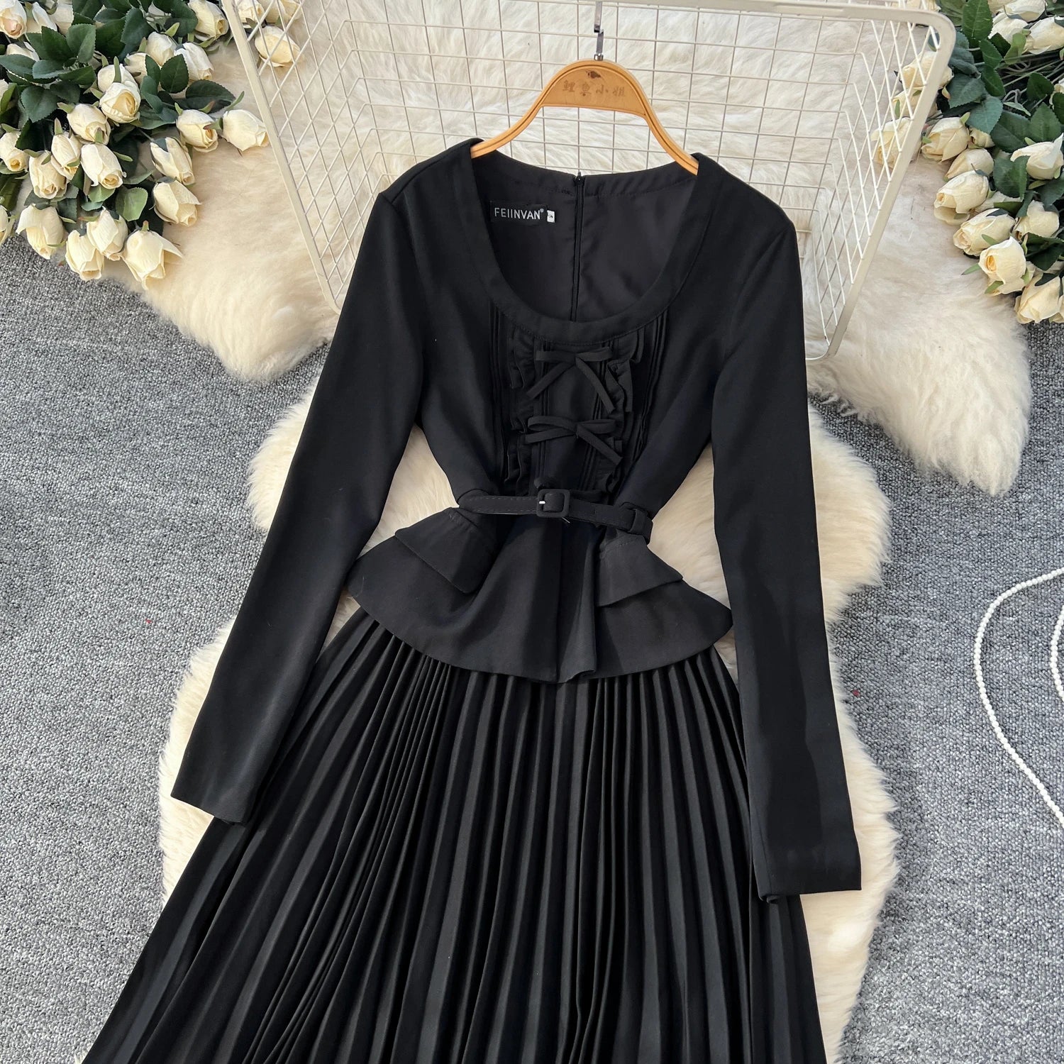 Spring Vintage O-Neck Tunic Slim Pleated Midi Dress For Women Empire Patchwork Lace Dress