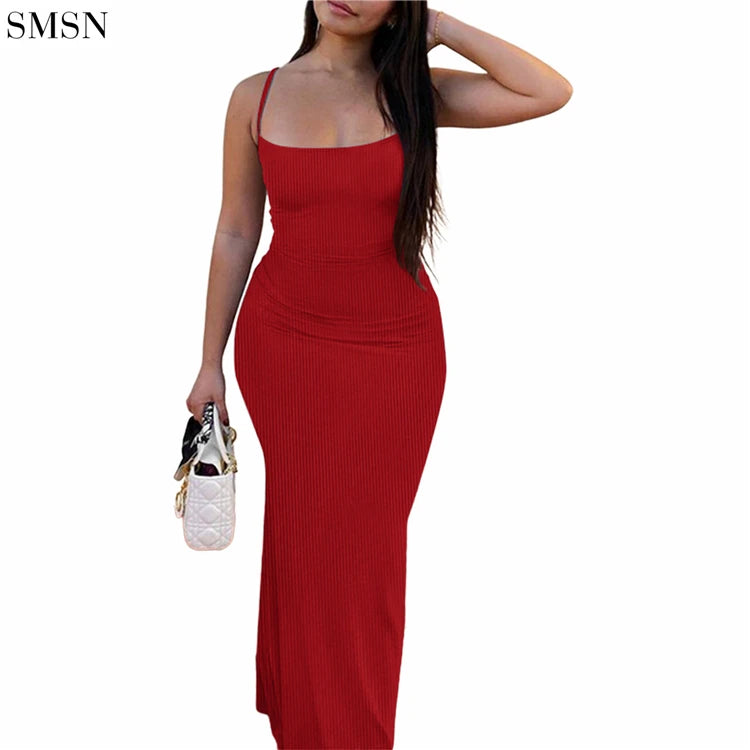 Wholesale 2023 Summer Suspenders Thread Solid Color Sexy Long Dress Women Wrap Sheath Bodycon Casual Dresses