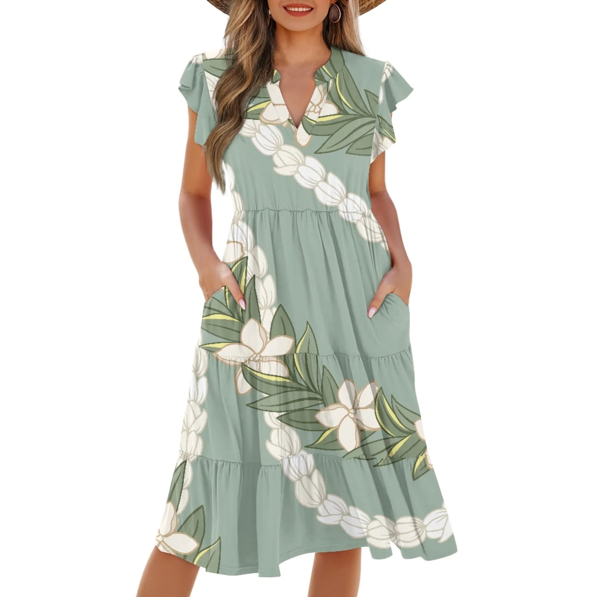 Print on Demand Wholesale Hawaii Beautiful Women's Plus Size Wrap v Neck Short Sleeve Ruffle Hem a Line Short Dress with Pockets