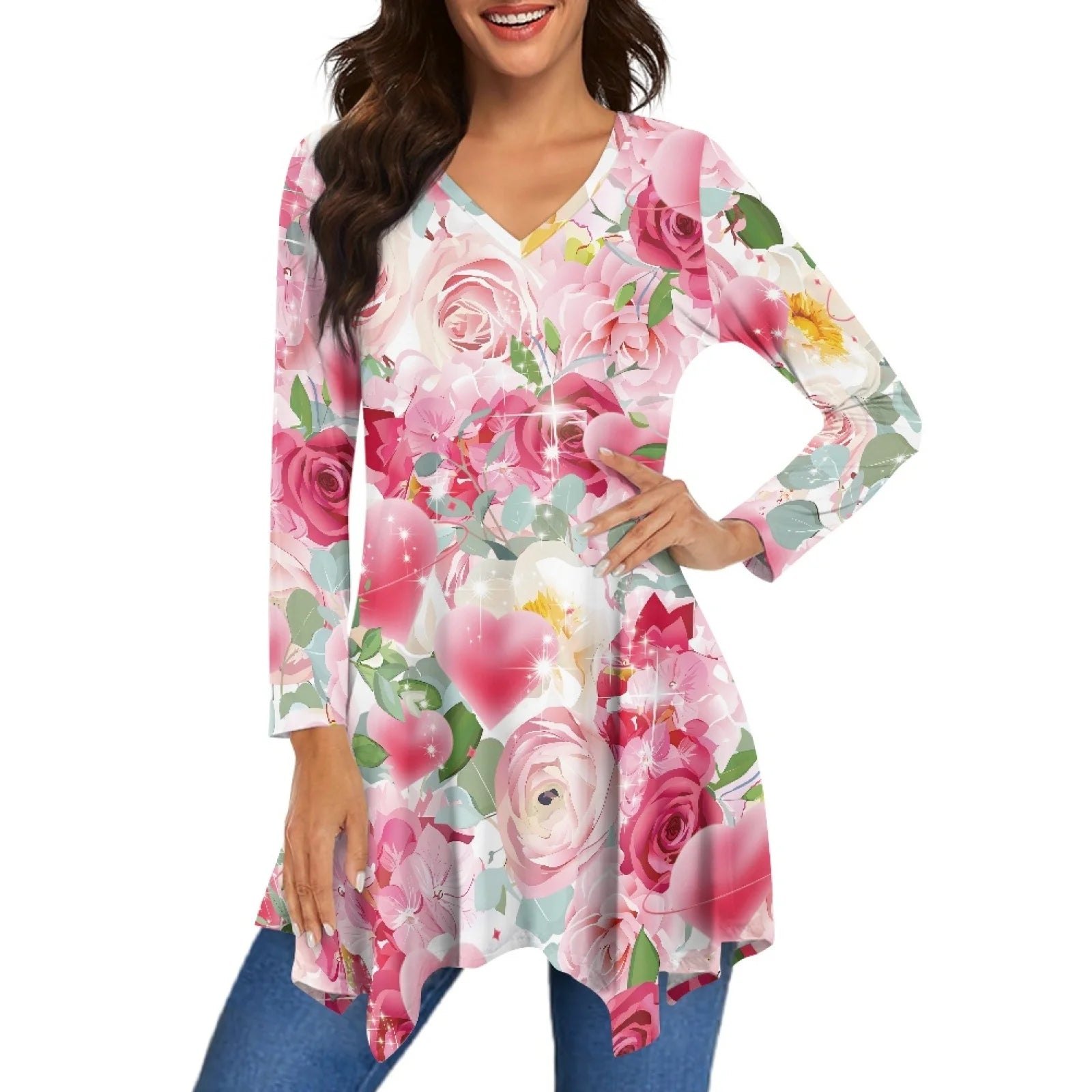 Hawaiian Floral Printed Plus Size Tunic Women's 3/4 Sleeve Tops and Blouses V Neck Shirts Loose Basic Tee Irregular Shirt Dress