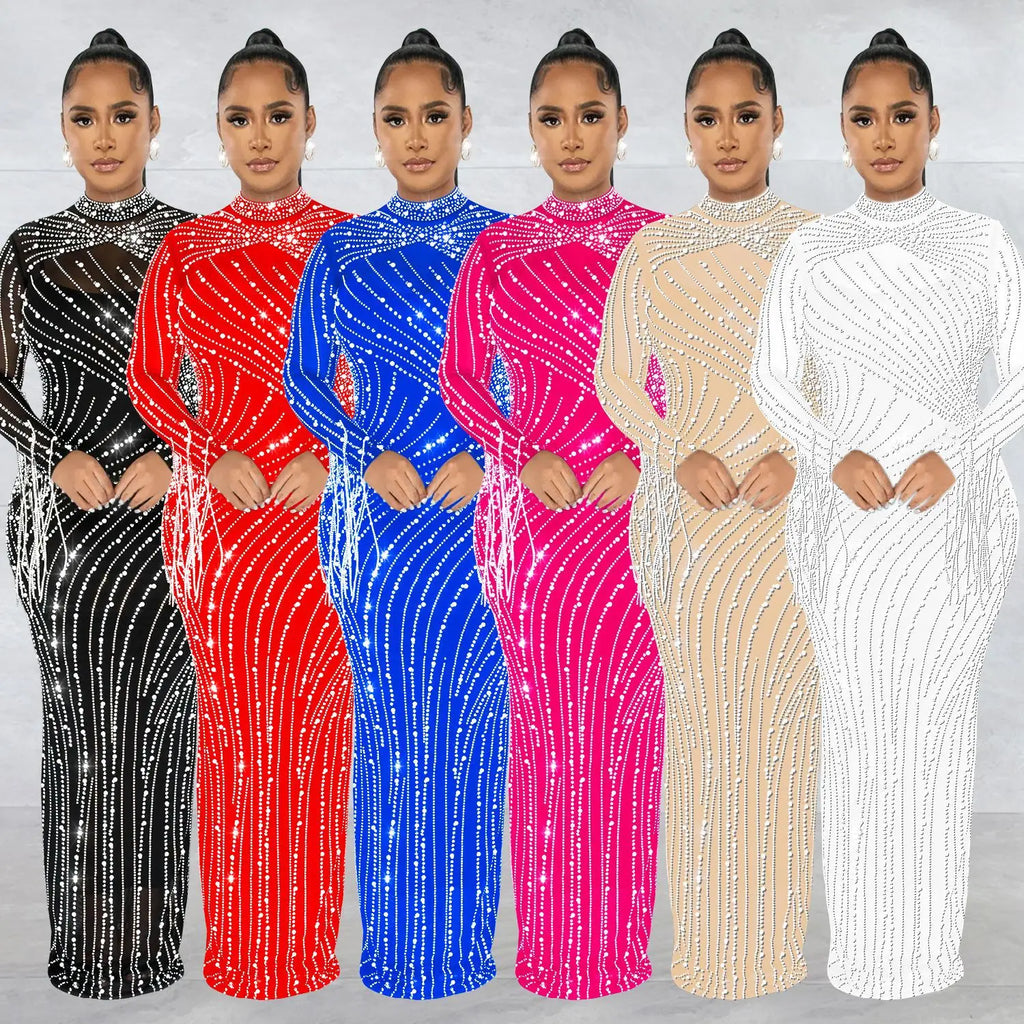 Women's Fashion Embroidery Hot Drill African Dress XL Chiffon Mesh with Feathers for Dinner Parties and Clubs