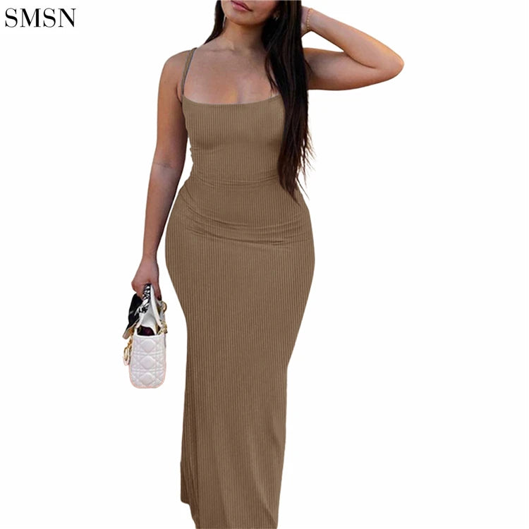 Wholesale 2023 Summer Suspenders Thread Solid Color Sexy Long Dress Women Wrap Sheath Bodycon Casual Dresses