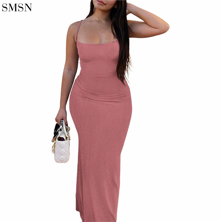 Wholesale 2023 Summer Suspenders Thread Solid Color Sexy Long Dress Women Wrap Sheath Bodycon Casual Dresses