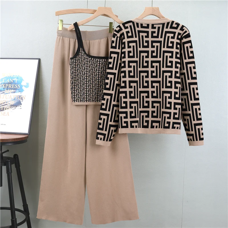 New 2026 European Autumn Chic Solid Loose Design Knit Sweater +Vest+ Pants Women's 3 Pieces Sets Clothing