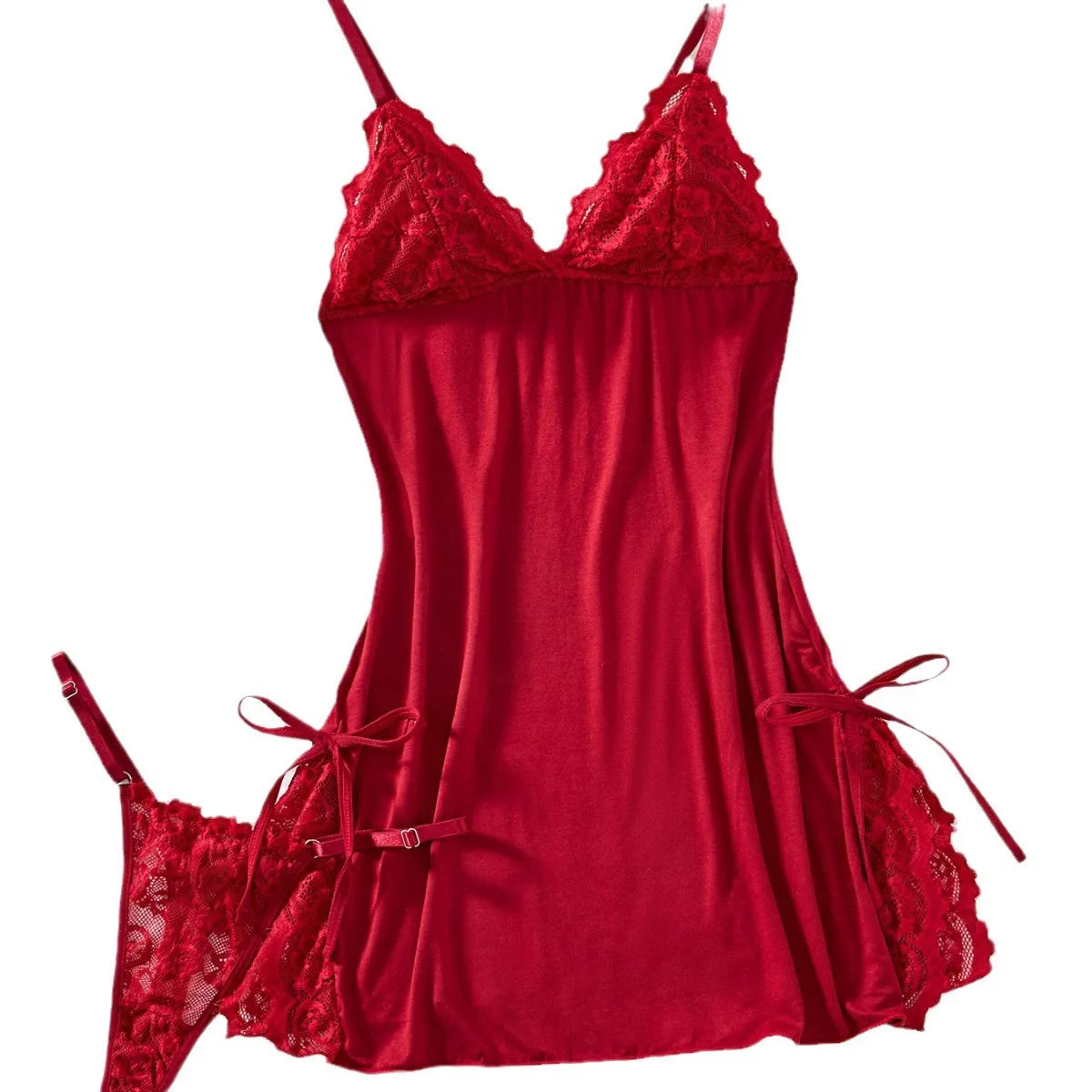 Sexy Lace Sleepwear Two Pieces Set Dress and Thong Lingerie Set Lace up Sexy Night Underwear
