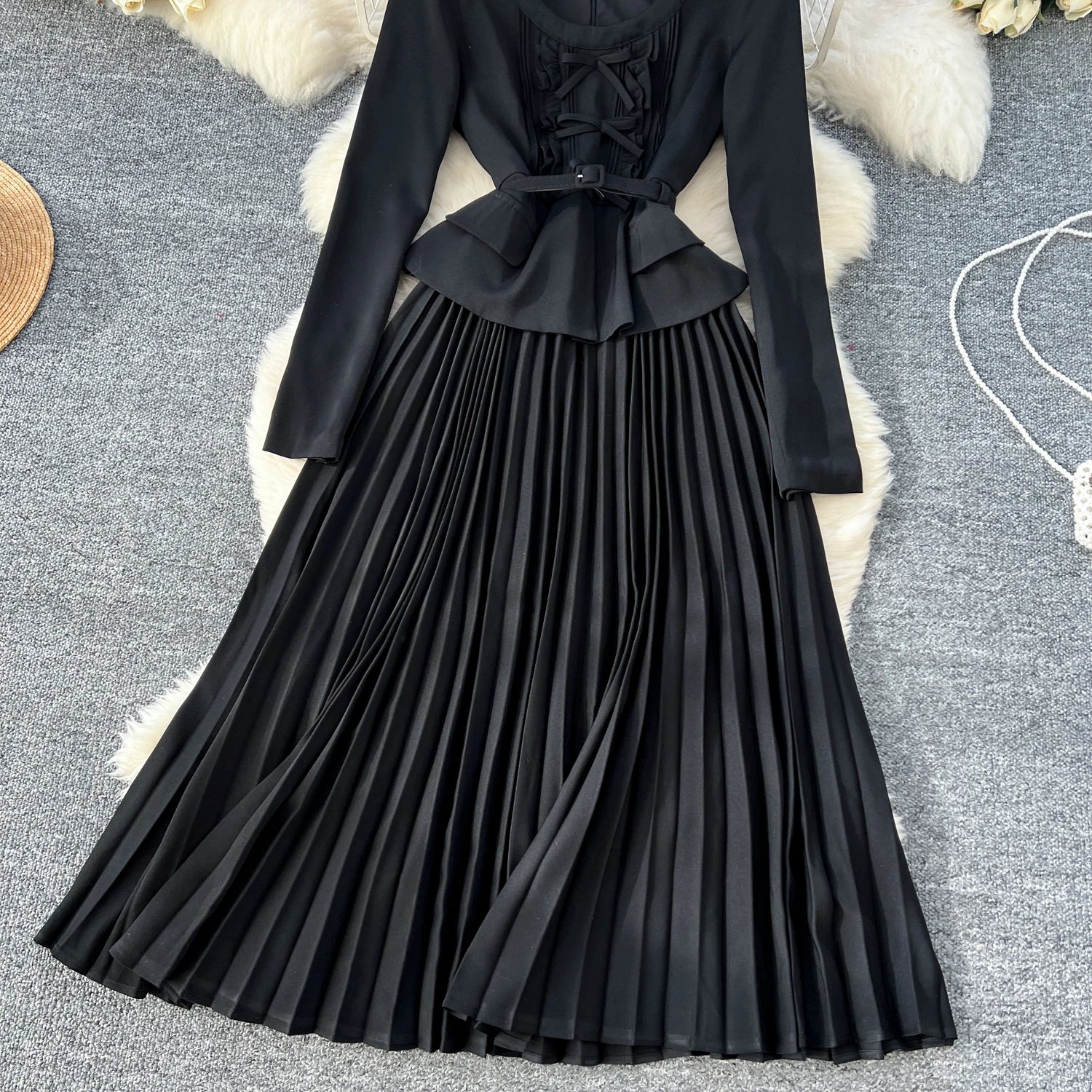Spring Vintage O-Neck Tunic Slim Pleated Midi Dress For Women Empire Patchwork Lace Dress