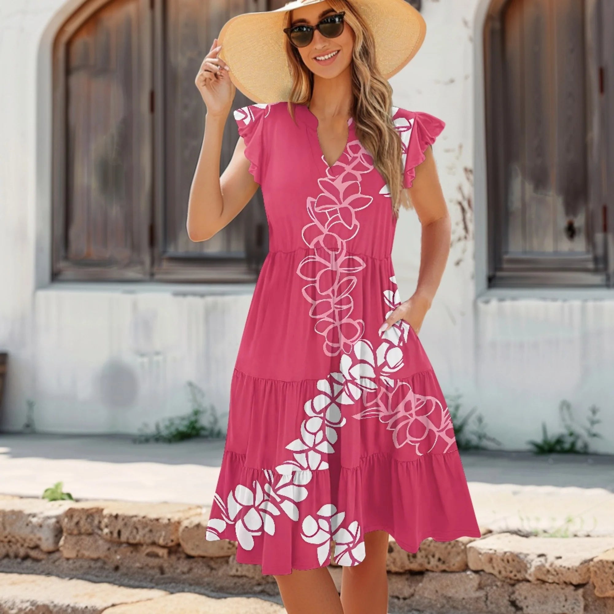 Print on Demand Wholesale Hawaii Beautiful Women's Plus Size Wrap v Neck Short Sleeve Ruffle Hem a Line Short Dress with Pockets