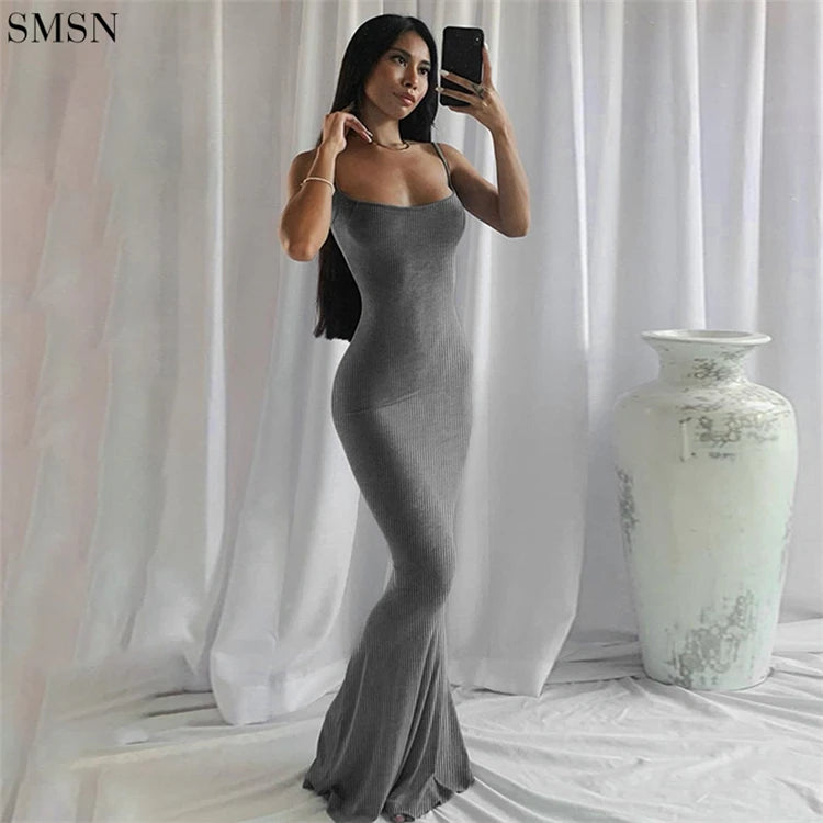 Wholesale 2023 Summer Suspenders Thread Solid Color Sexy Long Dress Women Wrap Sheath Bodycon Casual Dresses