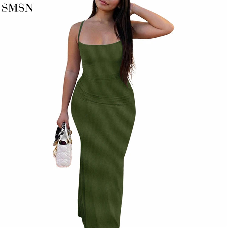 Wholesale 2023 Summer Suspenders Thread Solid Color Sexy Long Dress Women Wrap Sheath Bodycon Casual Dresses