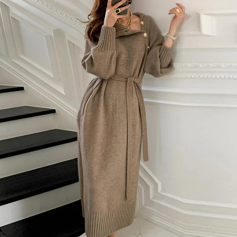 French Style Autumn Winter New Simple Solid Color Women's Elegant Anti-Wrinkle 100% Polyester Sweater Dress Clothing Elastic