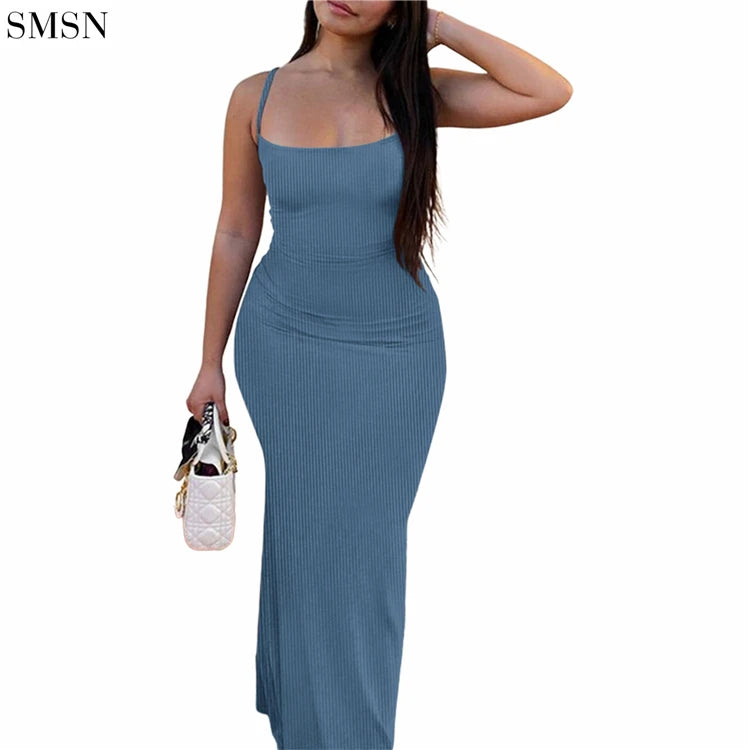 Wholesale 2023 Summer Suspenders Thread Solid Color Sexy Long Dress Women Wrap Sheath Bodycon Casual Dresses