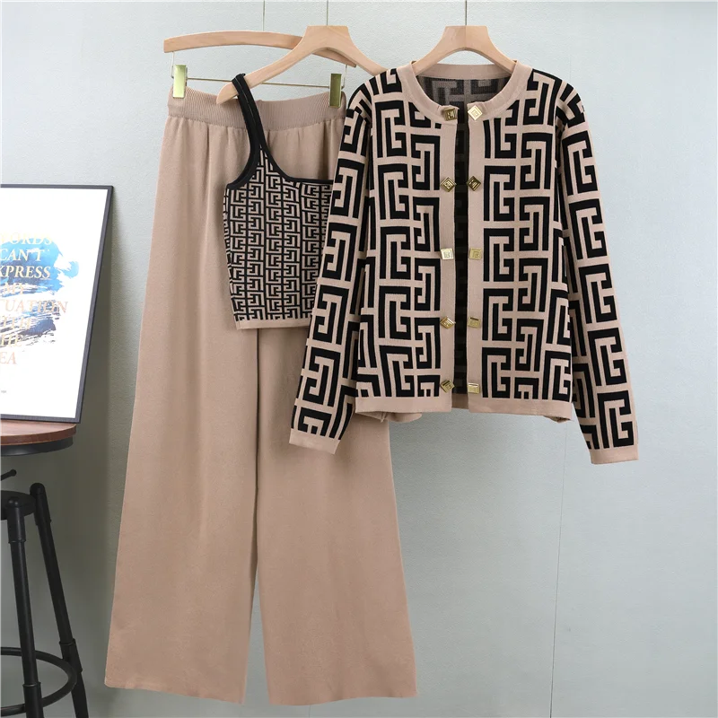 New 2026 European Autumn Chic Solid Loose Design Knit Sweater +Vest+ Pants Women's 3 Pieces Sets Clothing