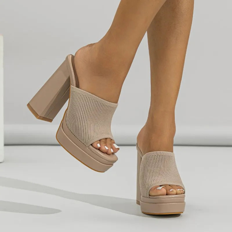 New Color Apricot Styles Chaussures Femme Platform Thick Heels Knitted Shoes 35-42 Size Fashion Slippers for Women